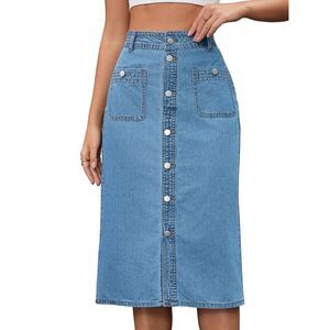 Women's Denim Skirt Button Down Front High Waist Pockets Midi Jean Skirts